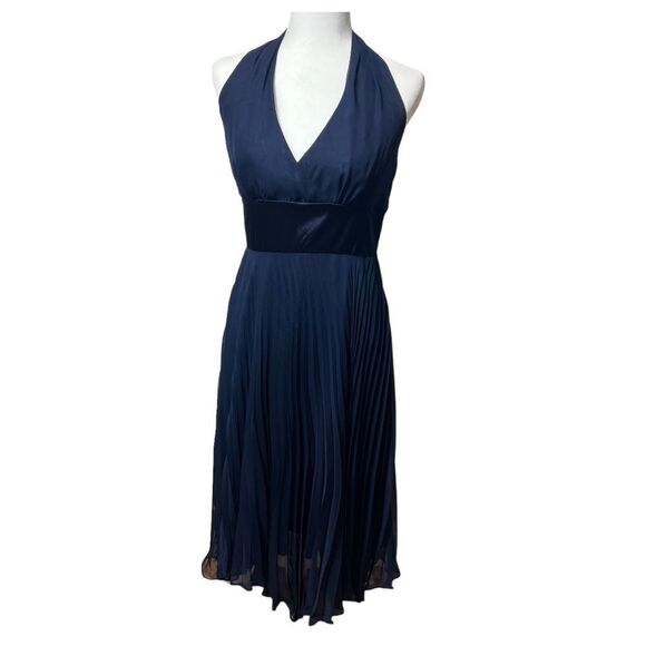 Donna Ricco Midi Navy Halter Dress with Silky waist and straps and Pleated Skirt - Picture 2 of 12